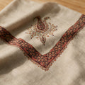 Marjan Kashmiri pashmina ghutra in natural ecru with red and rust paisley sozni embroidery