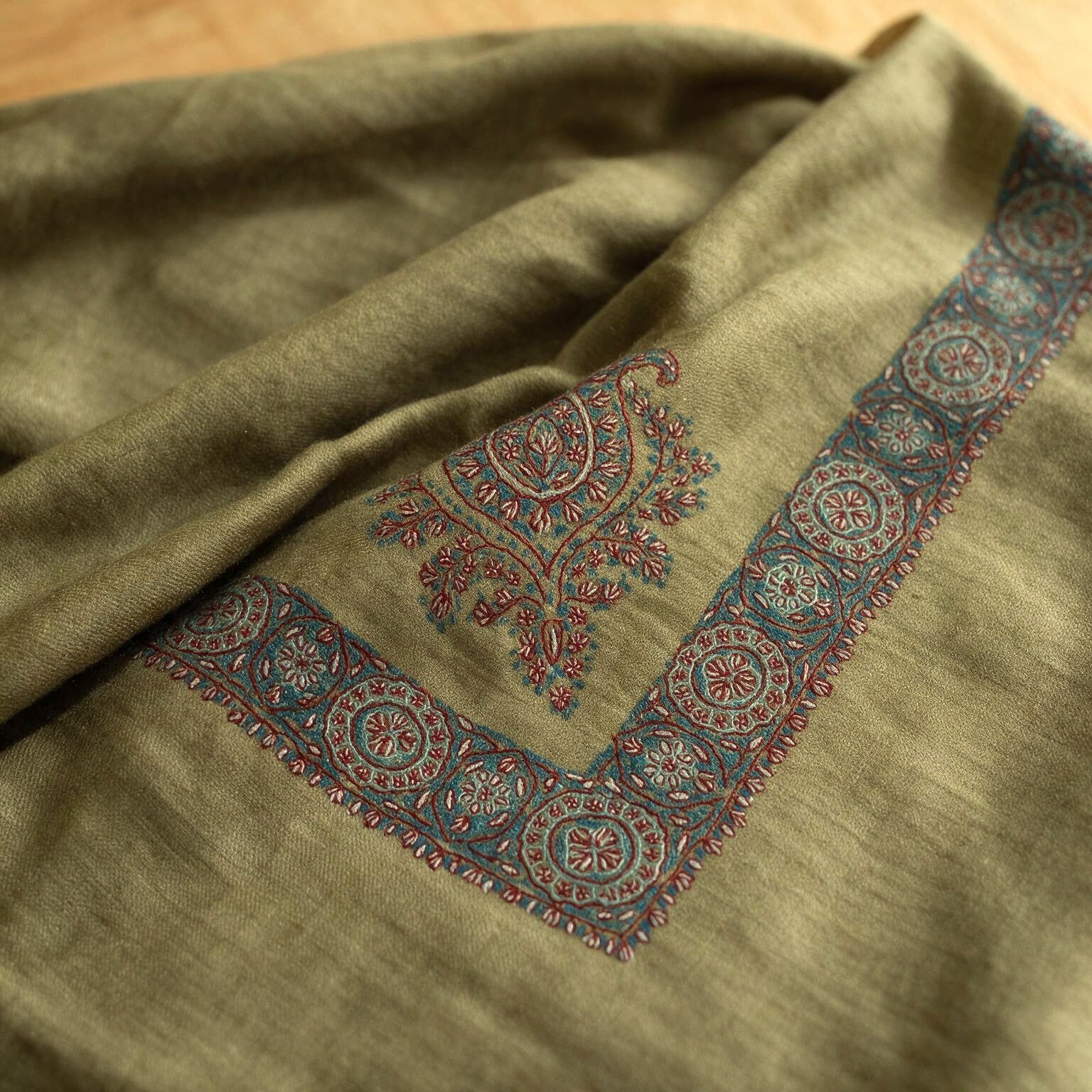 Jannah Kashmiri pashmina ghutra in olive green with multicolour master sozni paisley embroidery