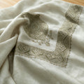 Ramad Kashmiri pashmina ghutra in natural ecru with olive and taupe paisley sozni embroidery
