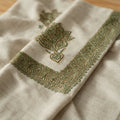 Sidr Kashmiri pashmina ghutra in natural ecru with olive green paisley sozni embroidery
