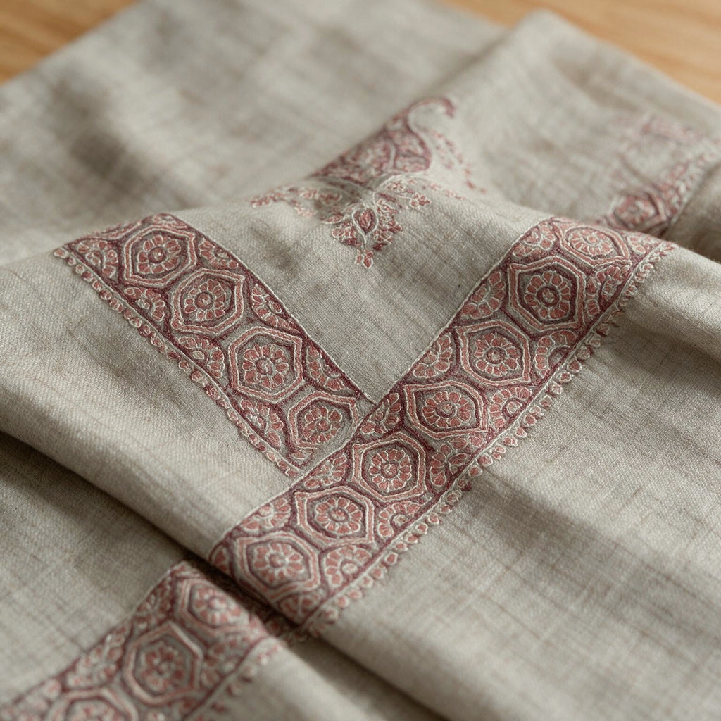 Julanar Kashmiri pashmina ghutra in natural ecru with rose pink paisley sozni embroidery