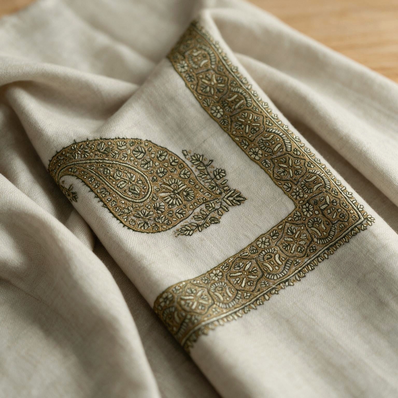 Anbar Kashmiri pashmina ghutra in natural ecru with olive gold paisley sozni embroidery
