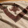 Lal Kashmiri pashmina ghutra in natural ecru with deep red and teal paisley sozni embroidery