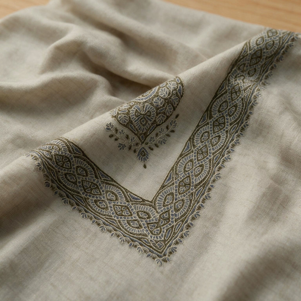 Hajar Kashmiri pashmina ghutra in natural ecru with grey taupe paisley sozni embroidery