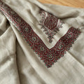 Shafaq Kashmiri pashmina ghutra in natural ecru with deep crimson paisley sozni embroidery