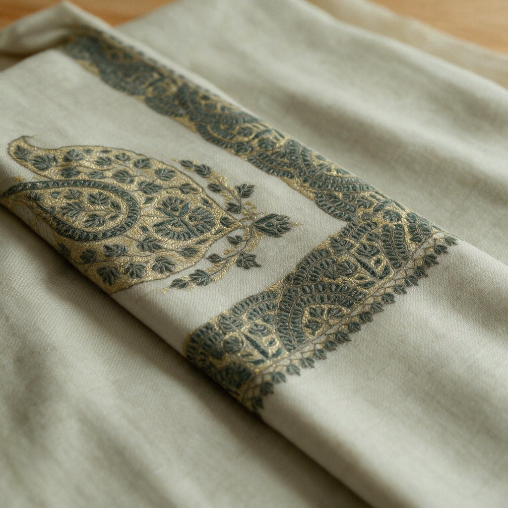 Firouz Kashmiri pashmina ghutra in natural ecru with teal grey paisley sozni embroidery