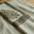 Firouz Kashmiri pashmina ghutra in natural ecru with teal grey paisley sozni embroidery