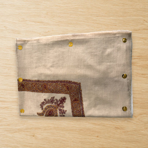 Anbari Kashmiri pashmina ghutra laid flat on a wooden table, true to life colour