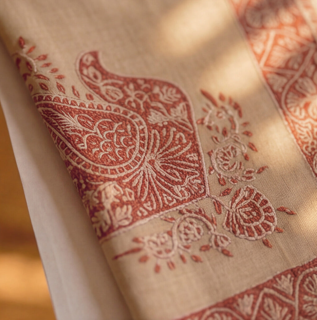 Pashmina Ghutra Sabah - angle 2, hand-loomed Kashmiri pashmina