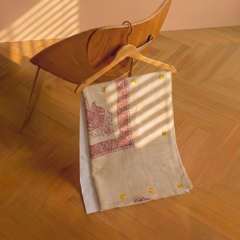 Pashmina Ghutra №002 — cream base with faint ivory pastel embroidery border — Soznikar