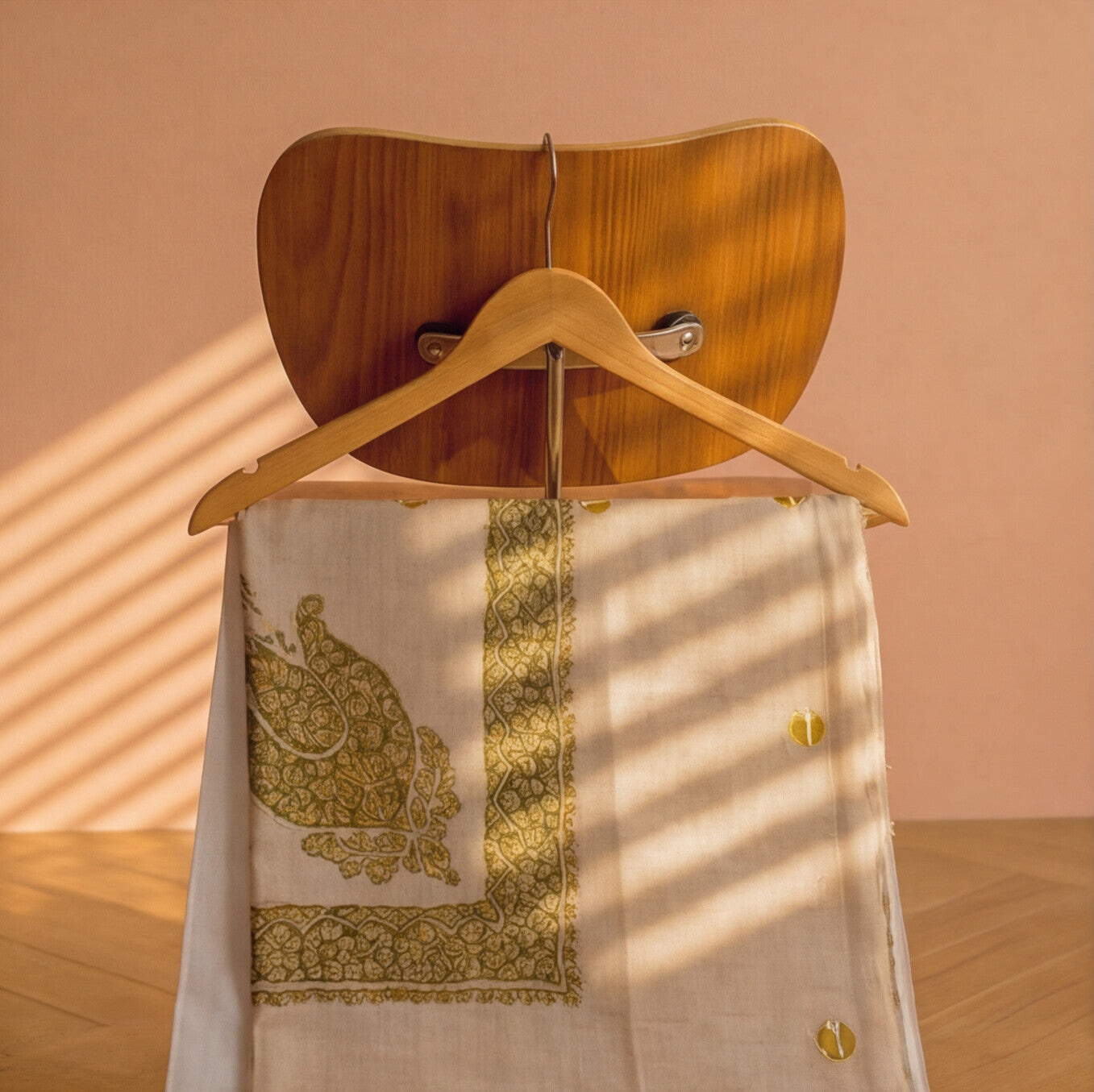 Pashmina Ghutra Zaytoun - angle 2, hand-loomed Kashmiri pashmina