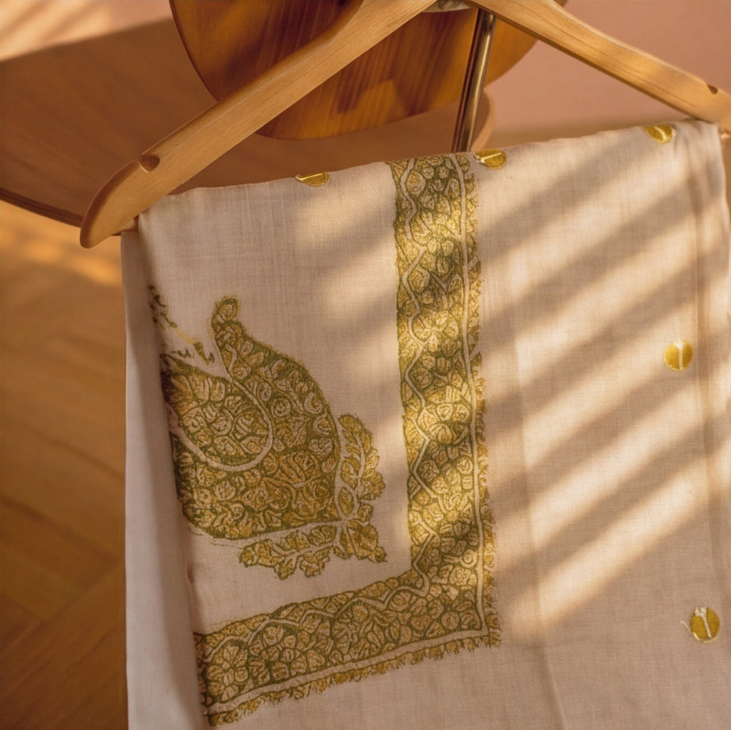 Pashmina Ghutra Zaytoun - angle 3, hand-loomed Kashmiri pashmina