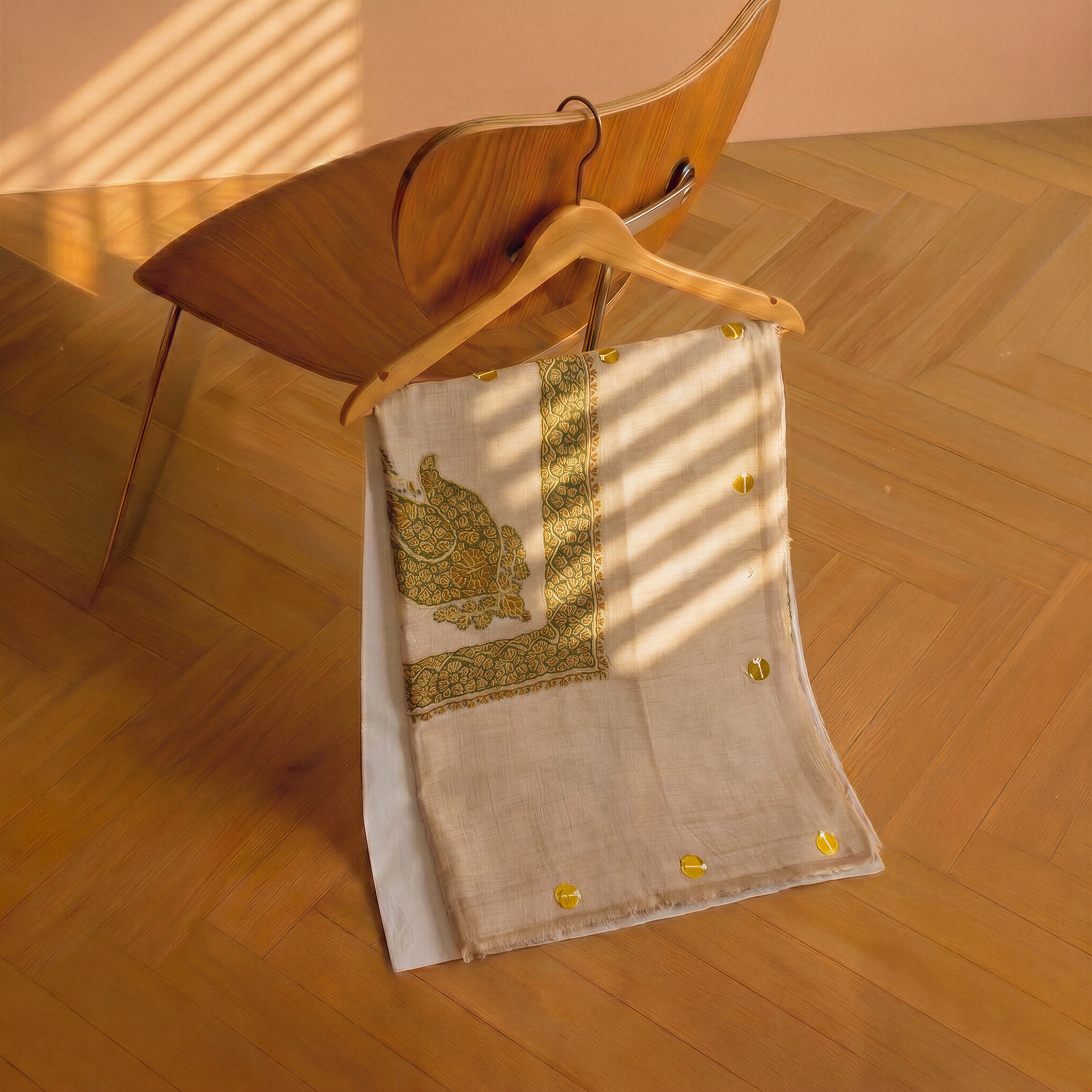 Pashmina Ghutra №003 — cream base with sage-green paisley embroidery border — Soznikar
