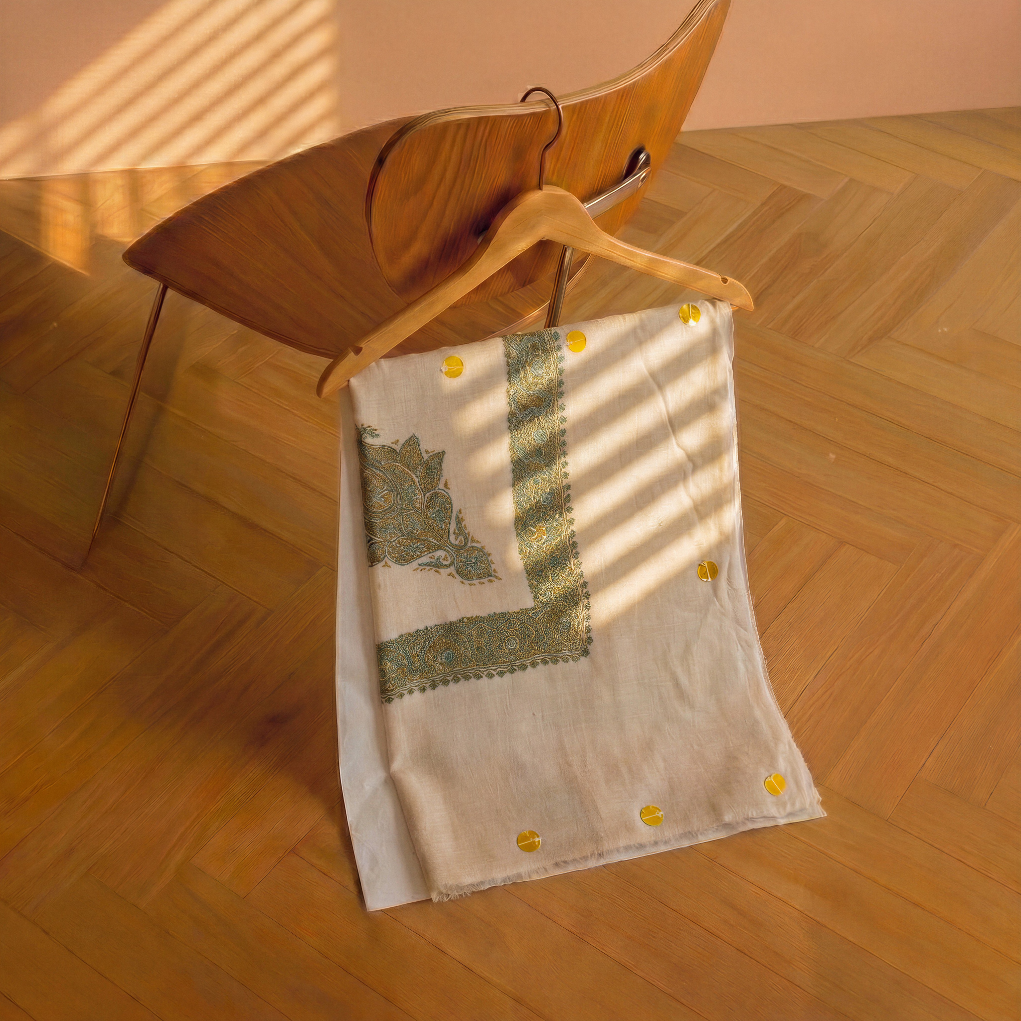 Pashmina Ghutra №004 — cream base with cool muted monochrome embroidery border — Soznikar