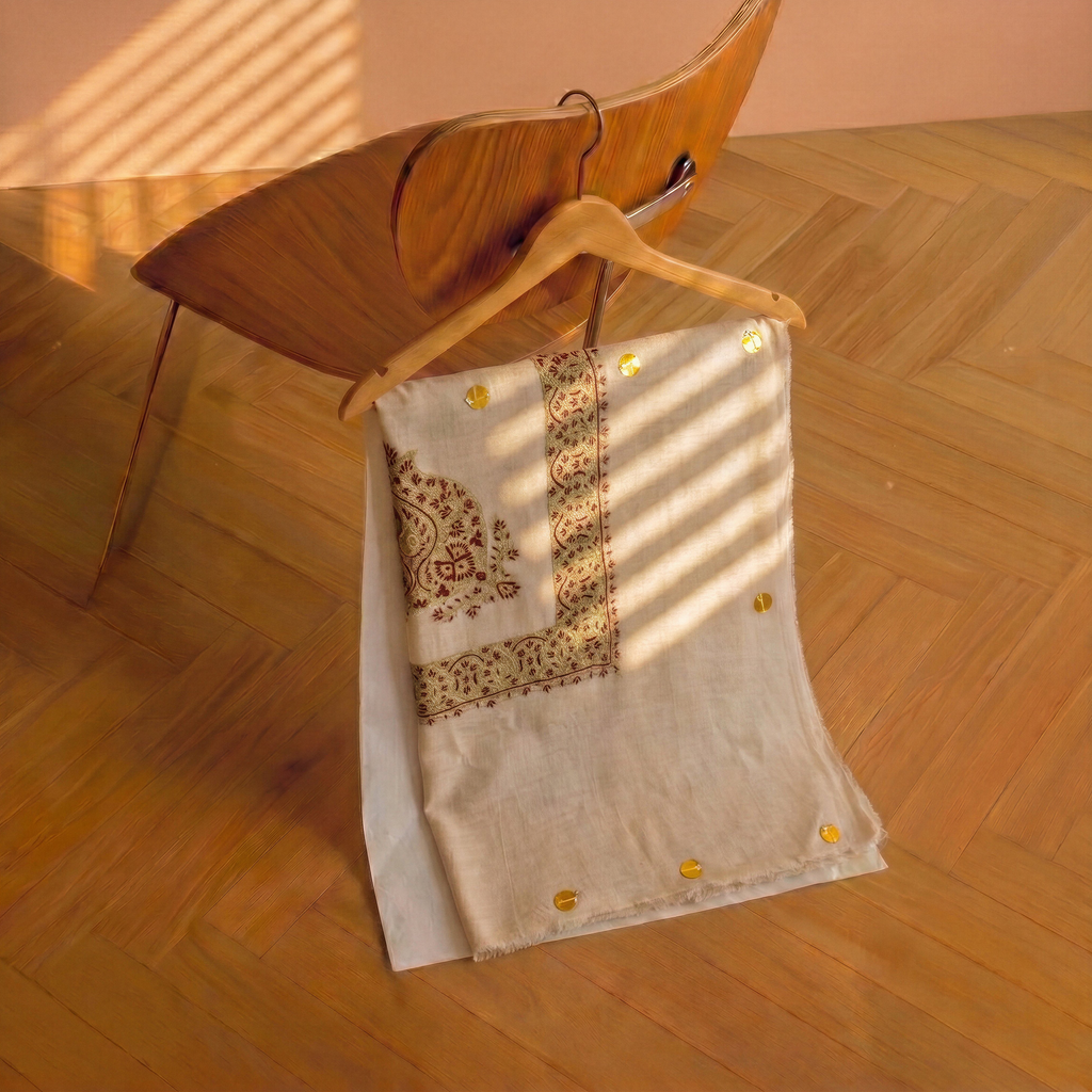 Pashmina Ghutra №005 — cream base with delicate light pastel embroidery border — Soznikar