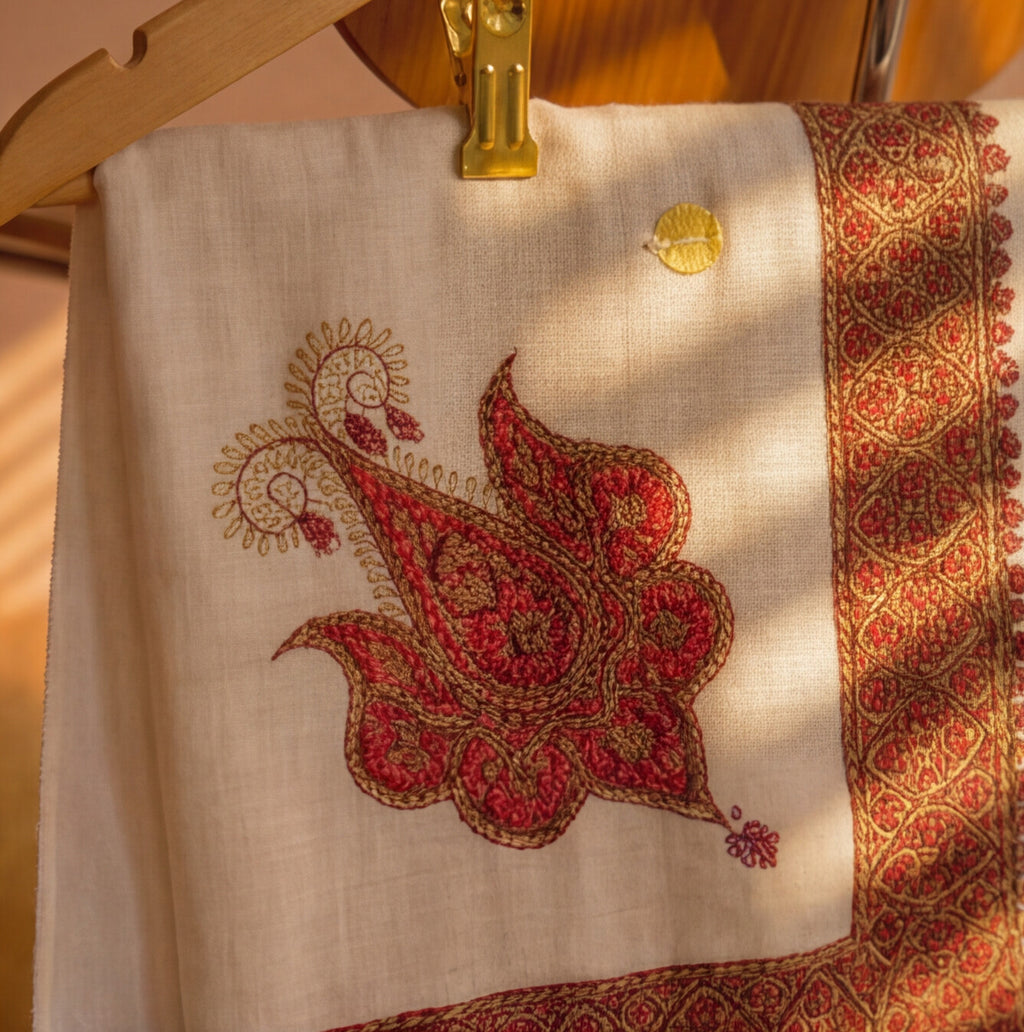 Pashmina Ghutra Qirmiz - angle 2, hand-loomed Kashmiri pashmina
