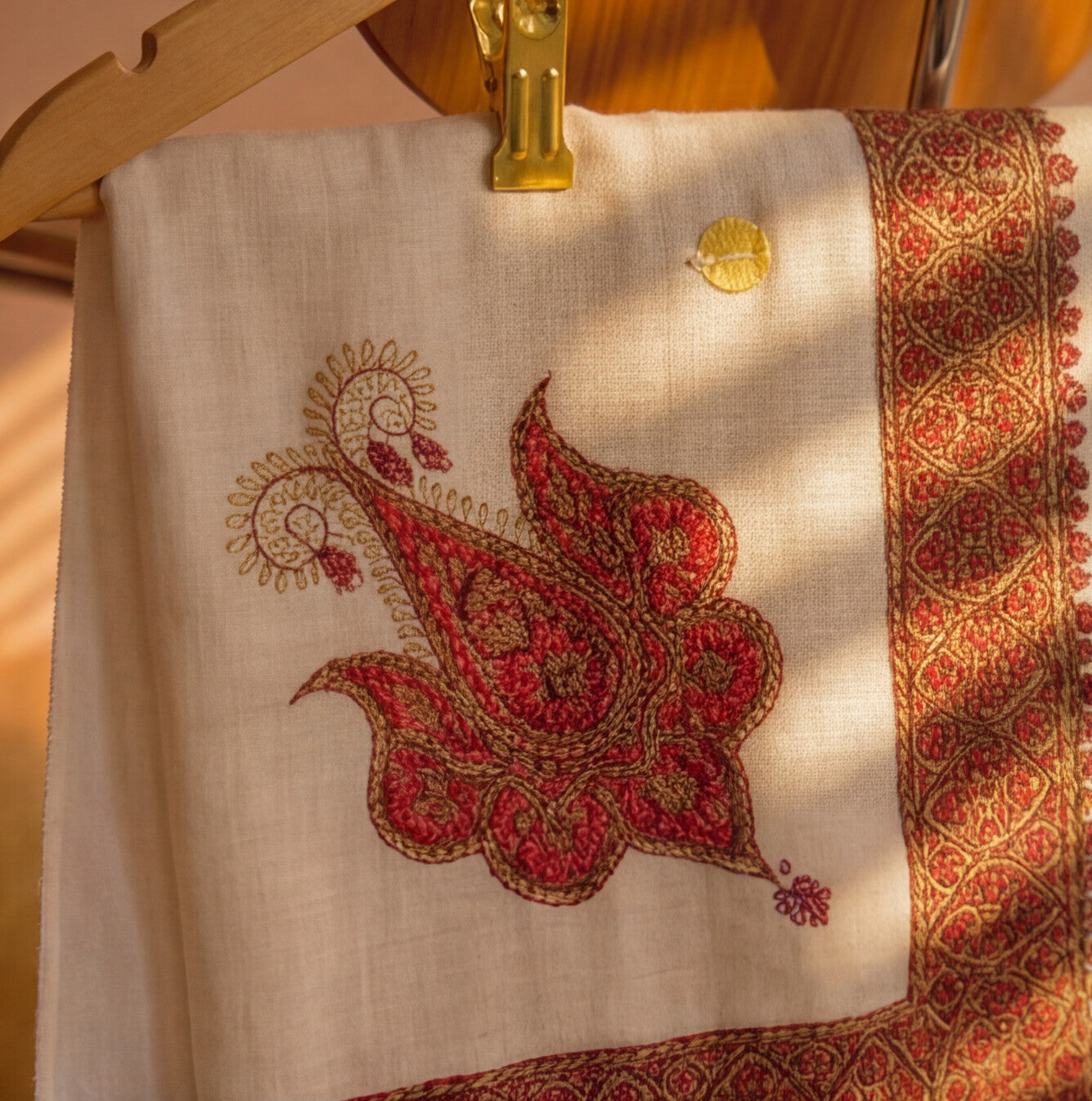 Pashmina Ghutra Qirmiz - angle 2, hand-loomed Kashmiri pashmina