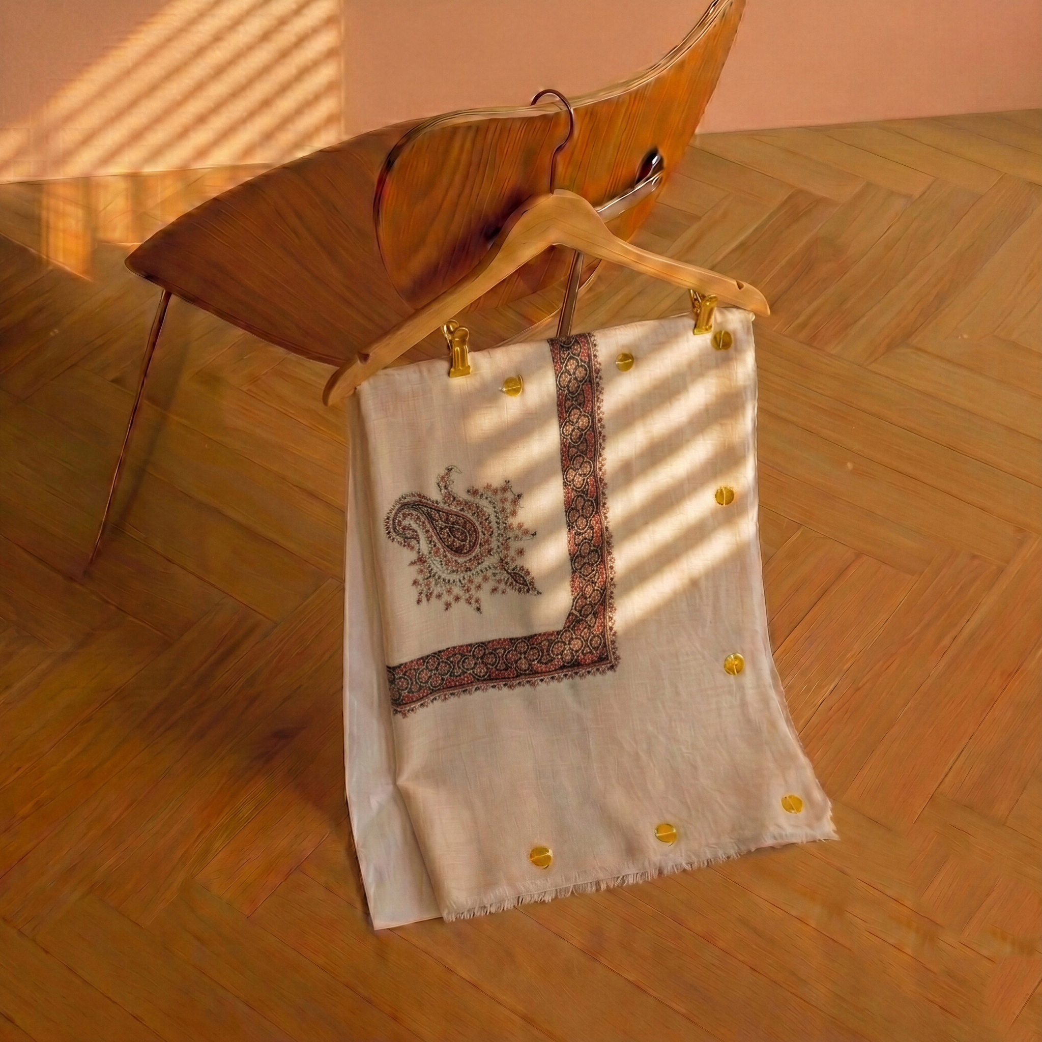 Pashmina Ghutra №014 — cream base with ivory and faint pastel embroidery border — Soznikar