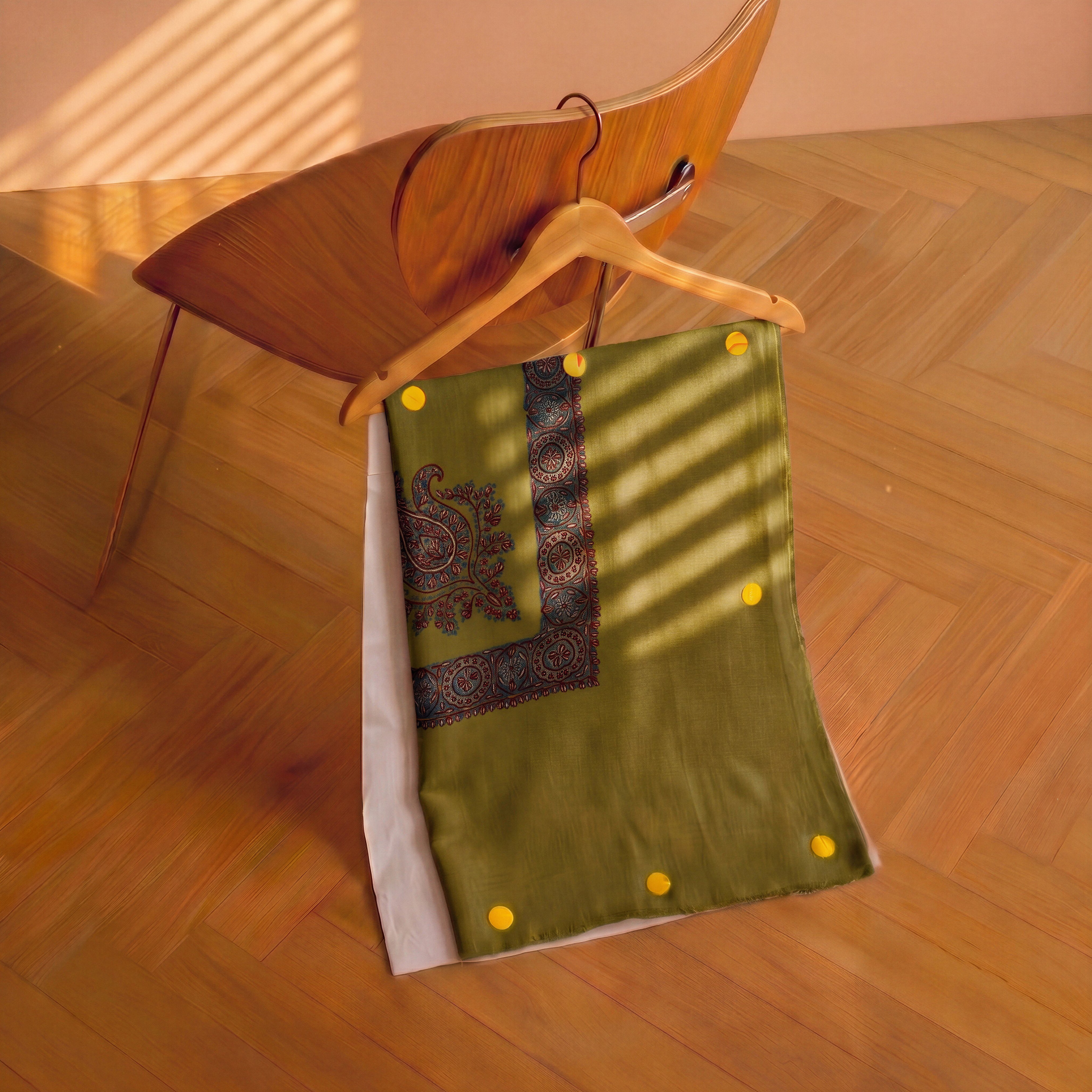Pashmina Ghutra №020 — olive-green base with multi-colour master sozni paisley border — Soznikar