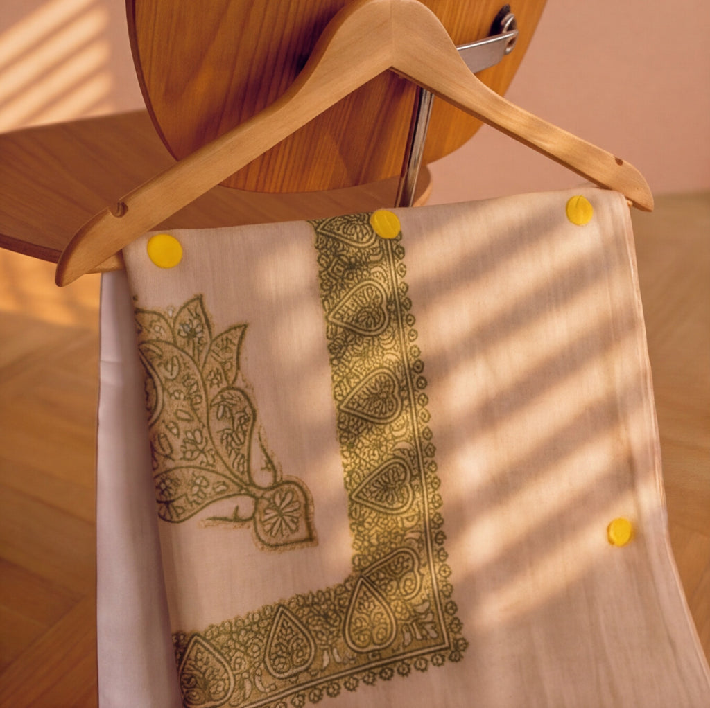 Pashmina Ghutra Firouz - angle 2, hand-loomed Kashmiri pashmina