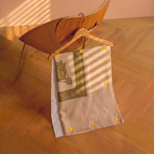 Pashmina Ghutra №022 — cream base with greenish-teal pastel embroidery border — Soznikar