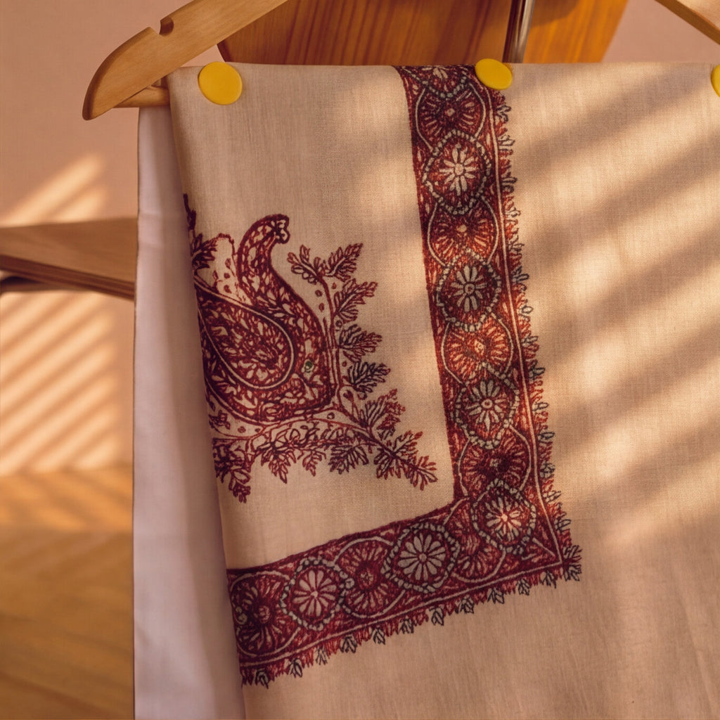 Pashmina Ghutra Shafaq - angle 2, hand-loomed Kashmiri pashmina
