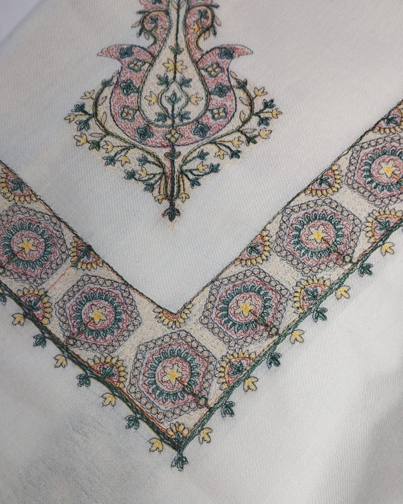 Qalam Kaari pen work on Kashmiri pashmina, corner motif and border in pastel silk thread