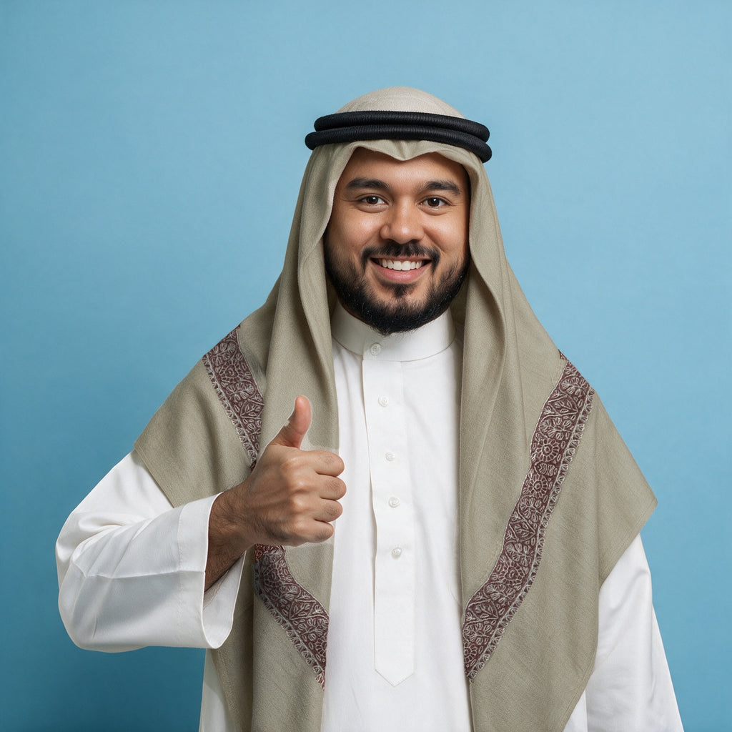 Man wearing the Sabah Kashmiri pashmina ghutra with a black agal and white thobe, plum mauve sozni border on each front end