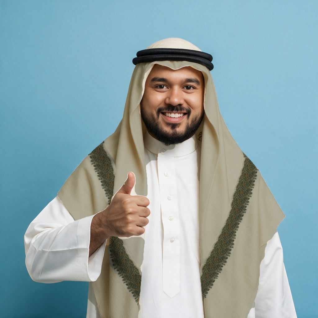 Man wearing the Sakeena Kashmiri pashmina ghutra with a black agal and white thobe, dark olive green sozni border on each front end