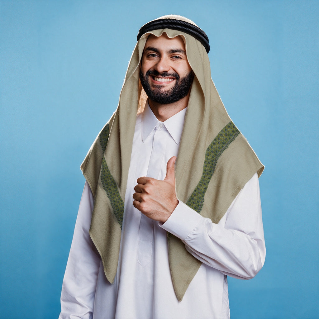 Man wearing the Murj Kashmiri pashmina ghutra with a black agal and white thobe, moss green sozni border on each front end