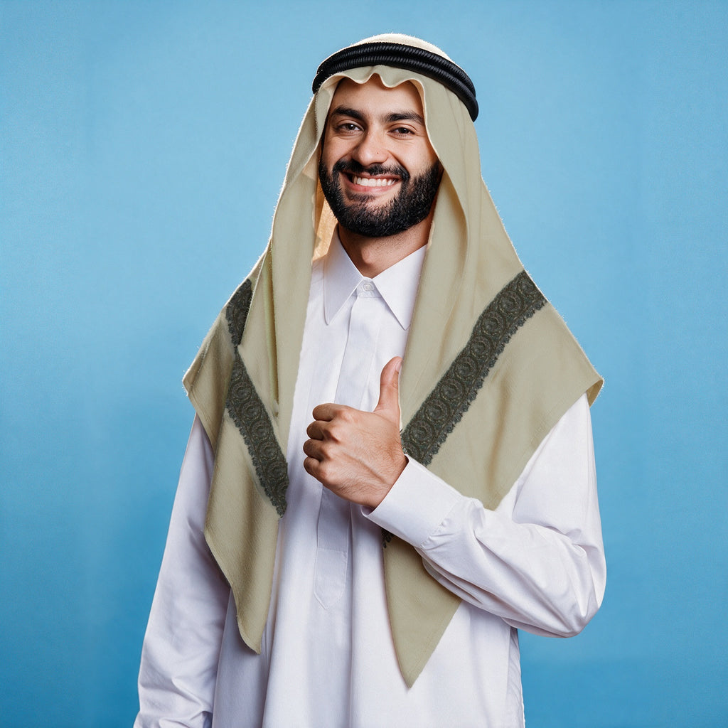 Man wearing the Lujain Kashmiri pashmina ghutra with a black agal and white thobe, dark slate teal sozni border on each front end
