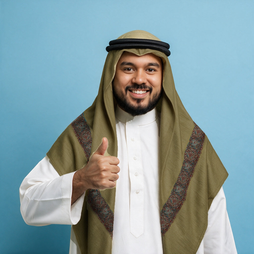 Man wearing the Jannah Kashmiri pashmina ghutra in olive green with a black agal and white thobe, teal, terracotta and cream sozni border on each front end