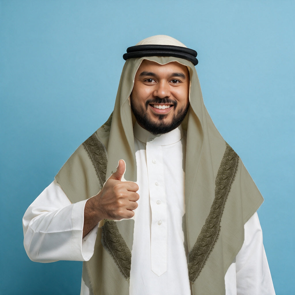 Man wearing the Ramad Kashmiri pashmina ghutra with a black agal and white thobe, olive khaki sozni border on each front end