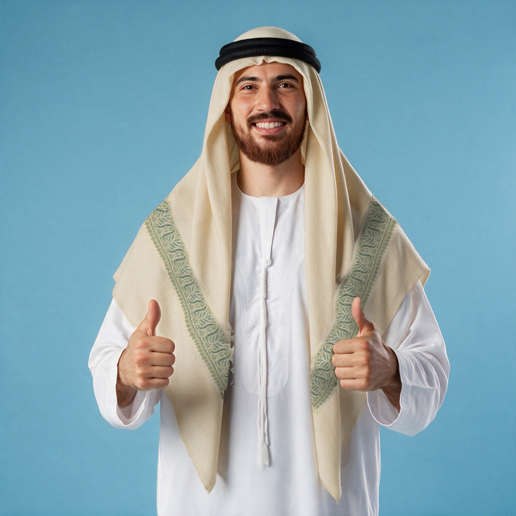 Man wearing the Rayhan Kashmiri pashmina ghutra with a black agal and white thobe, sage jade green sozni border on each front end
