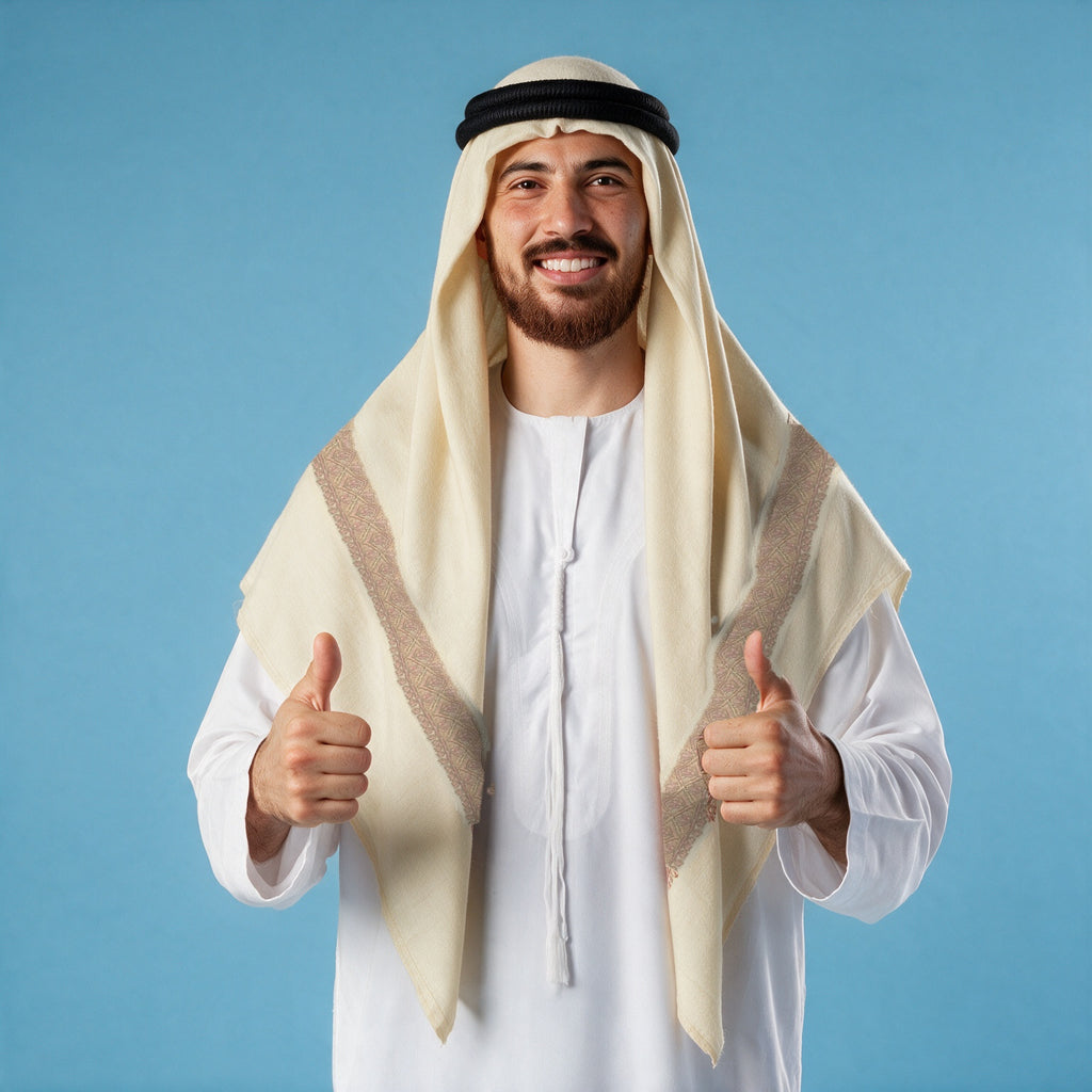 Man wearing the Lawz Kashmiri pashmina ghutra with a black agal and white thobe, pale gold and dusty pink sozni border on each front end