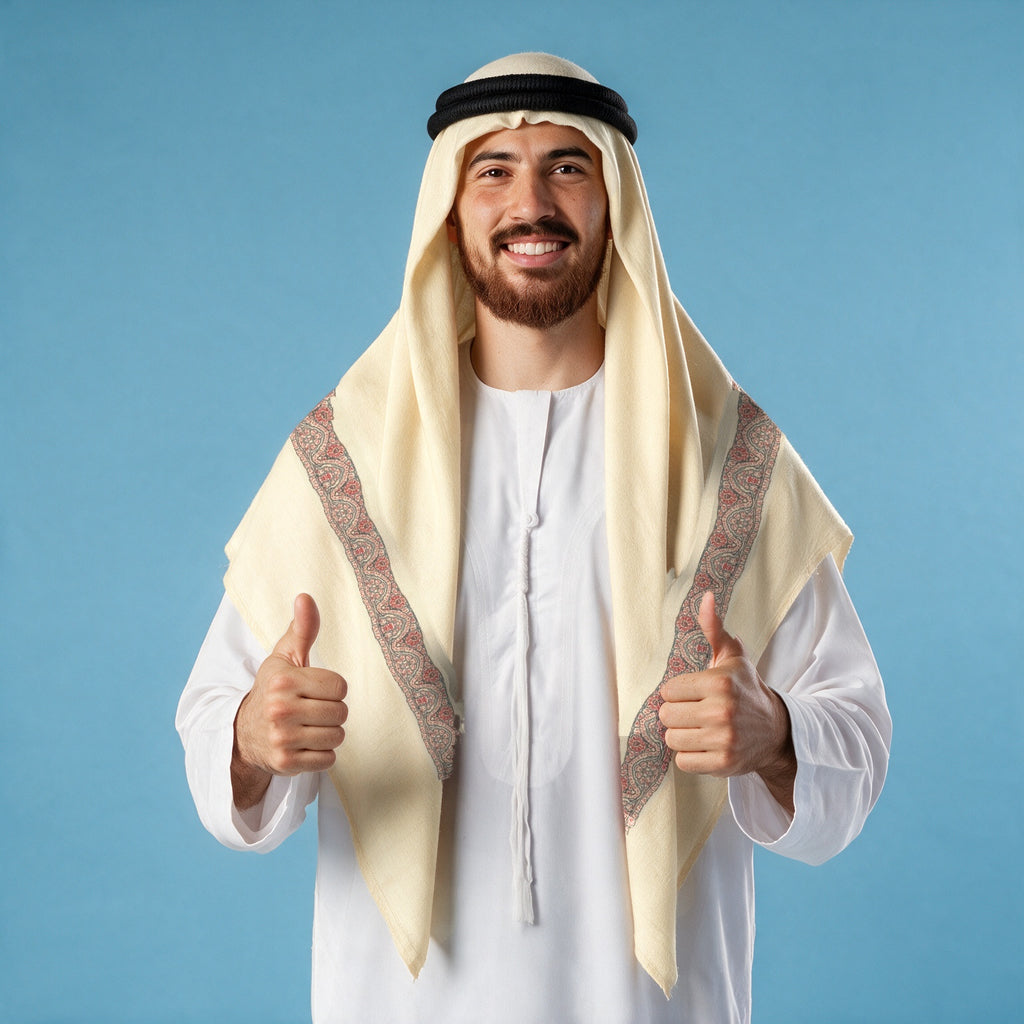 Man wearing the Nasreen Kashmiri pashmina ghutra with a black agal and white thobe, rose pink and slate sozni border on each front end