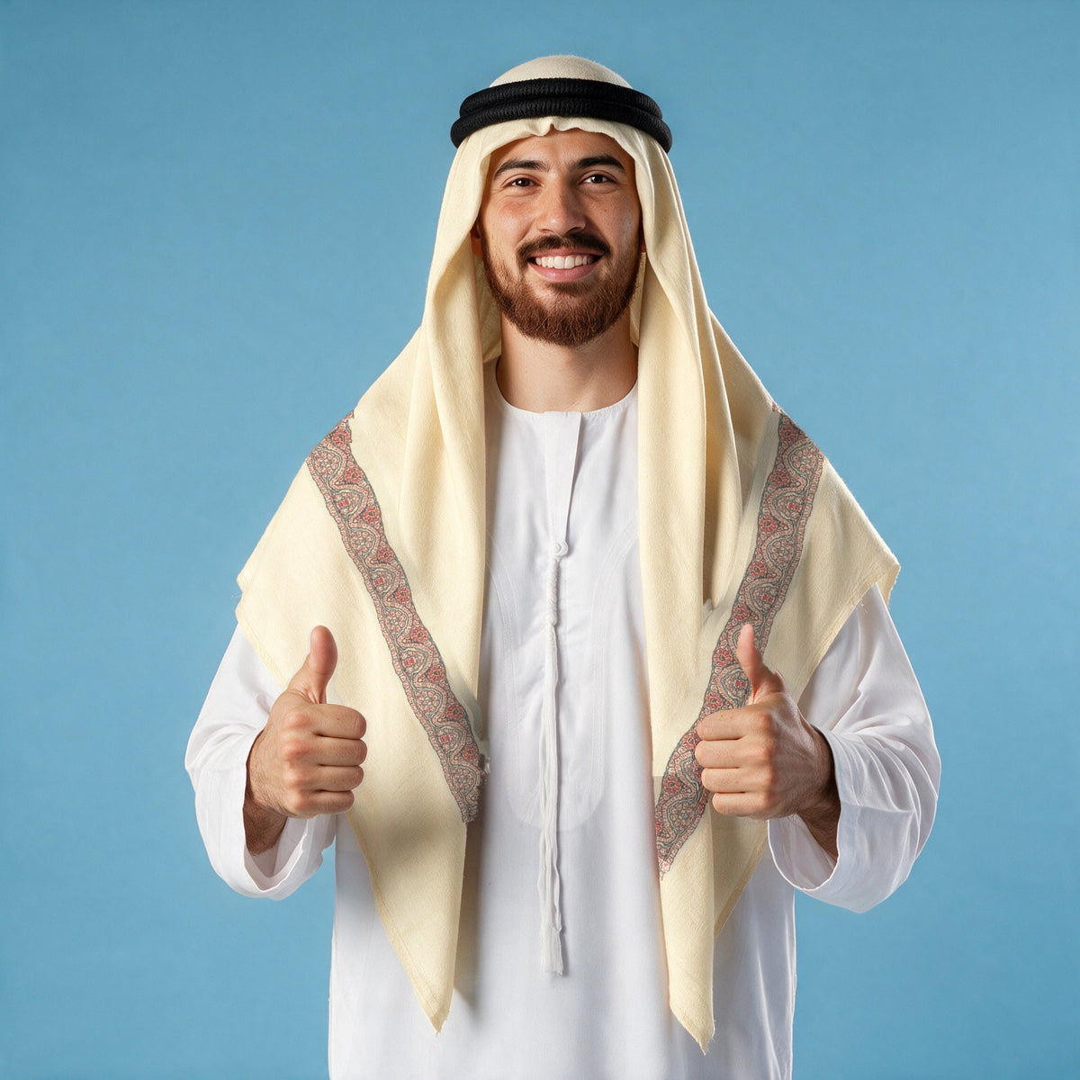 Man wearing the Nasreen Kashmiri pashmina ghutra with a black agal and white thobe, rose pink and slate sozni border on each front end