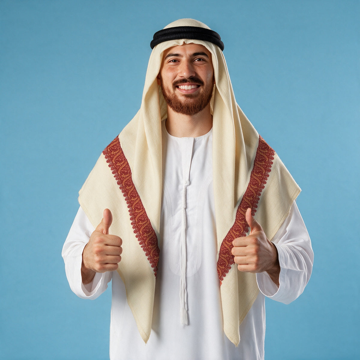 Man wearing the Aqeeq Kashmiri pashmina ghutra with a black agal and white thobe, carnelian red and gold sozni border on each front end