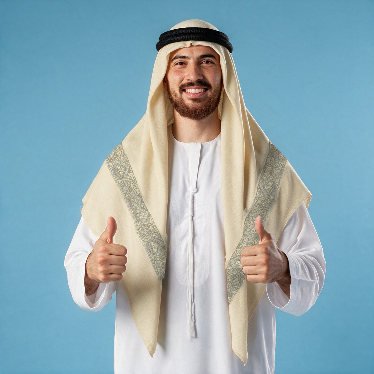 Man wearing the Rukham Kashmiri pashmina ghutra with a black agal and white thobe, soft grey taupe sozni border on each front end