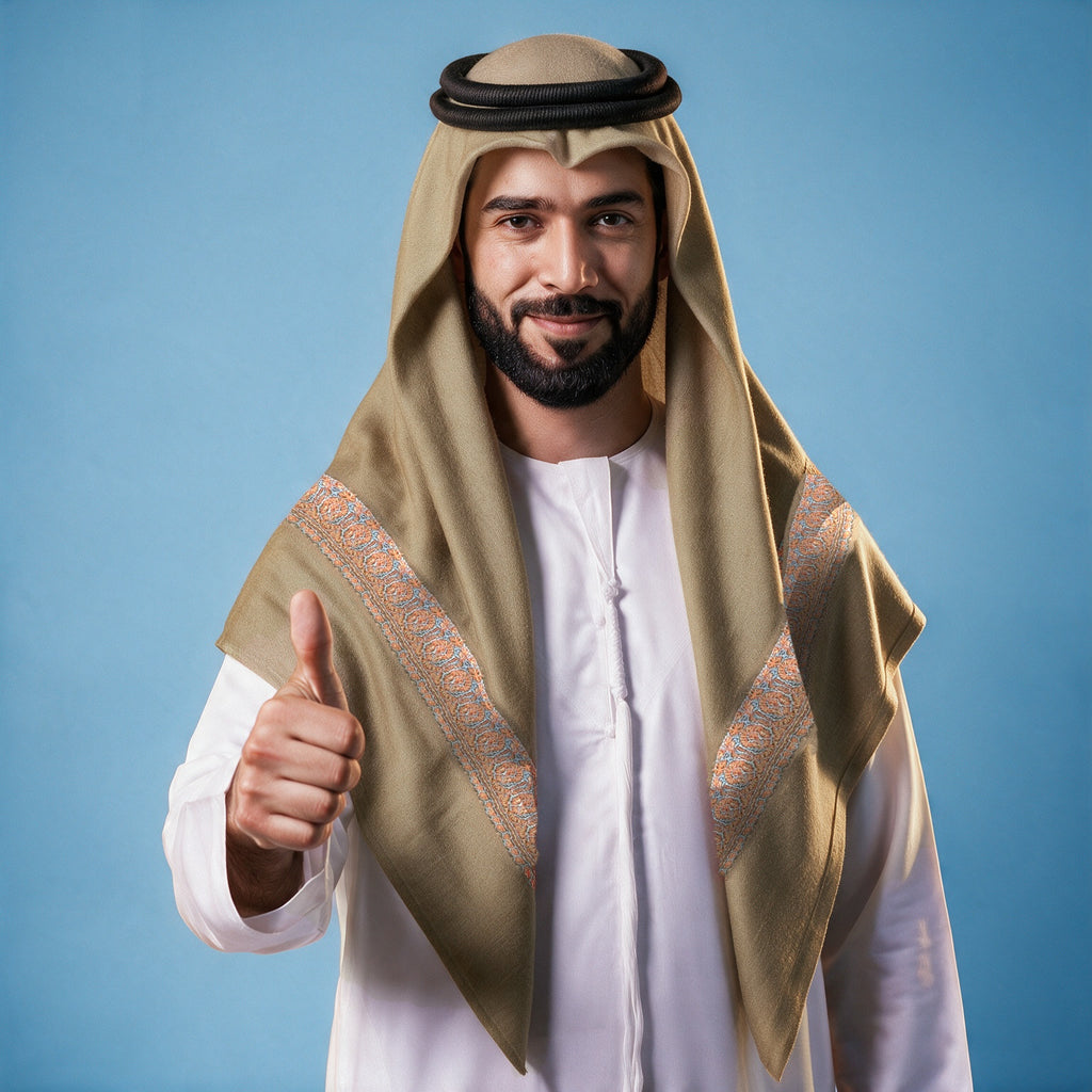 Man wearing the Bunn Kashmiri pashmina ghutra in taupe brown with a black agal and white thobe, coral and turquoise sozni border on each front end