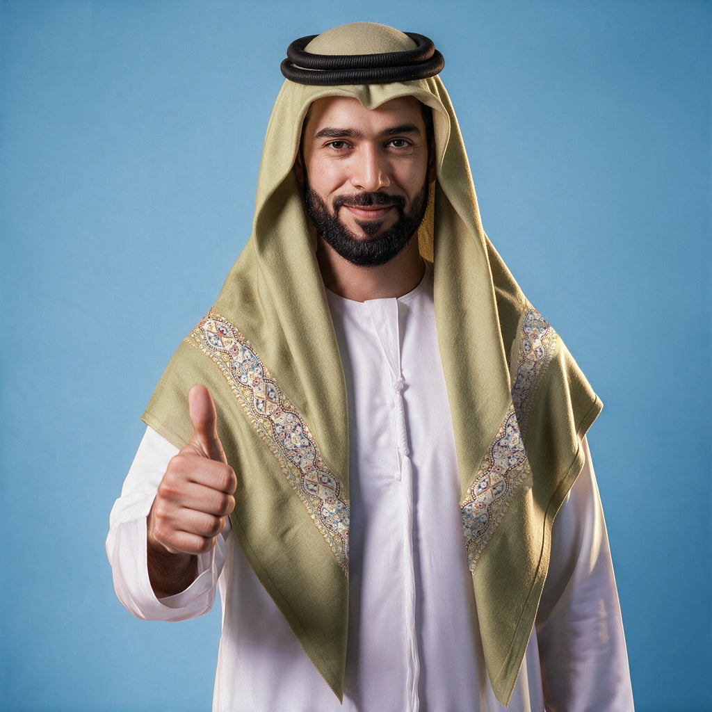 Man wearing the Bustan Kashmiri pashmina ghutra in olive with a black agal and white thobe, cream, slate blue and red sozni border on each front end