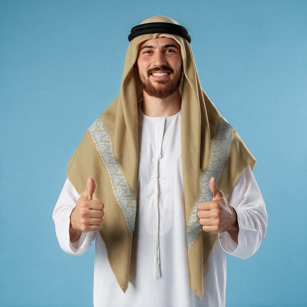 Man wearing the Kathib Kashmiri pashmina ghutra in camel with a black agal and white thobe, pale blue and ivory sozni border on each front end