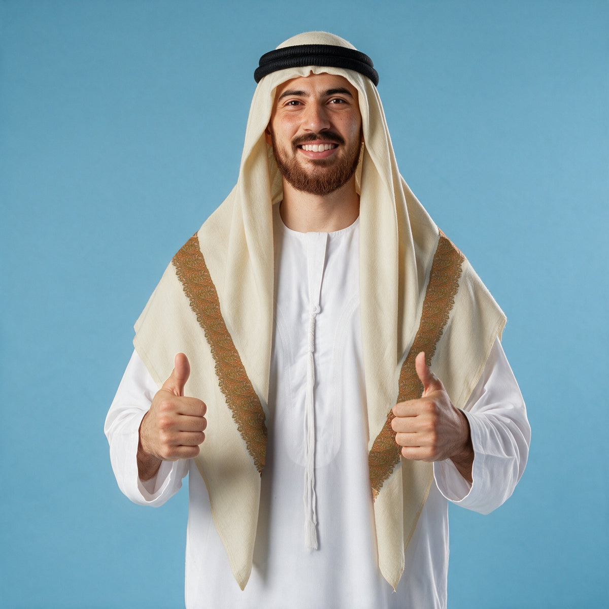 Man wearing the Nuhas Kashmiri pashmina ghutra with a black agal and white thobe, copper bronze sozni border on each front end
