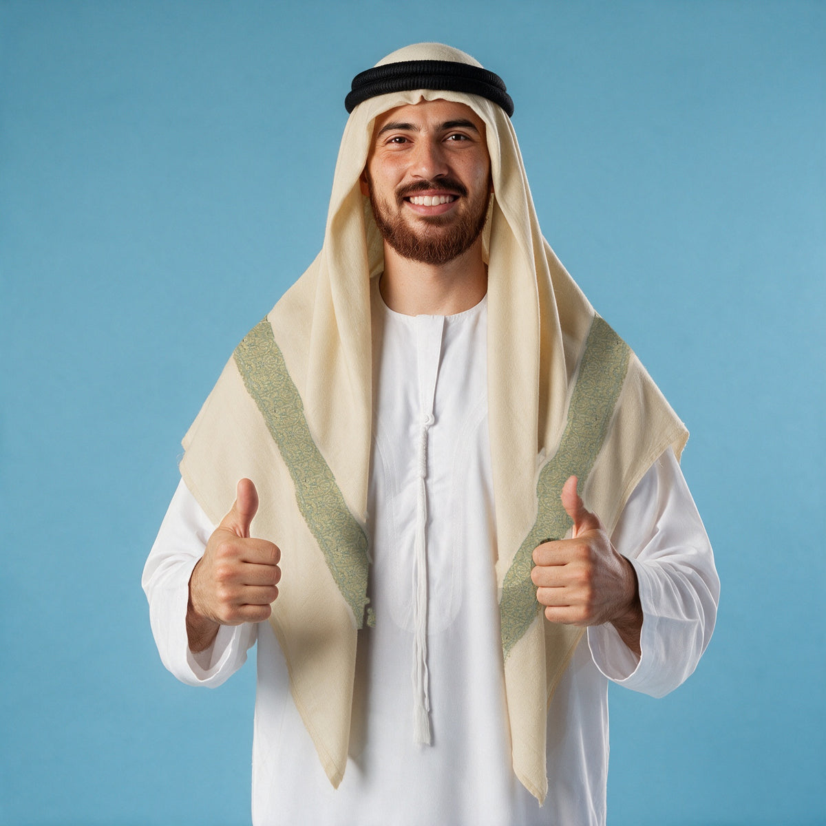 Man wearing the Aas Kashmiri pashmina ghutra with a black agal and white thobe, sage green and gold sozni border on each front end