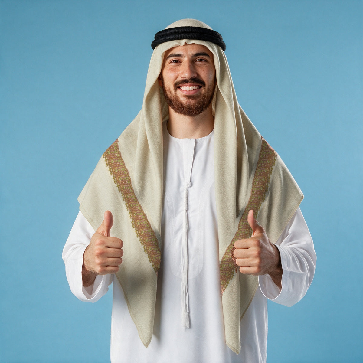 Man wearing the Tibr Kashmiri pashmina ghutra with a black agal and white thobe, dusty rose copper and gold sozni border on each front end