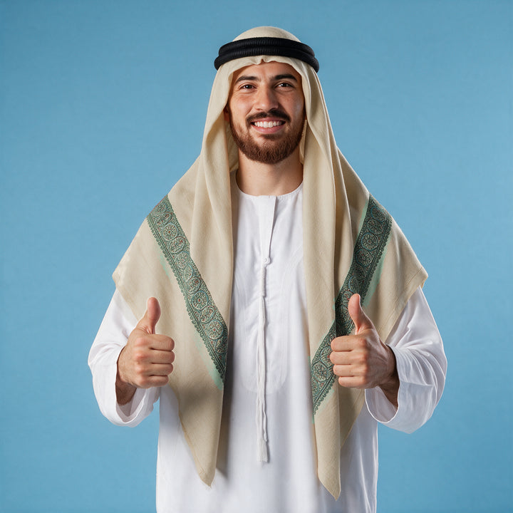 Another man wearing the Zumurrud Kashmiri pashmina ghutra with a black agal and white thobe, teal and rust sozni border on each front end