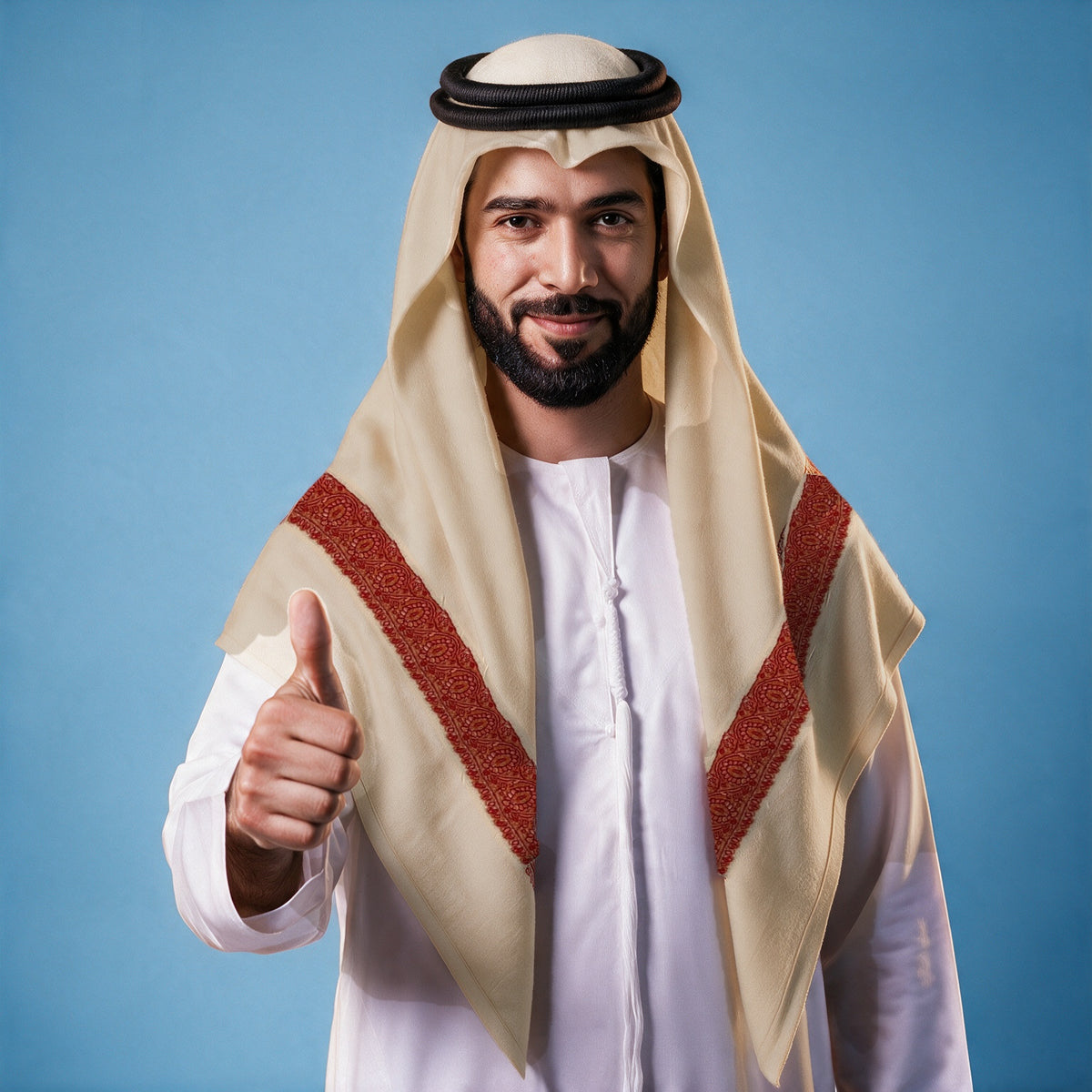 Man wearing the Jamr Kashmiri pashmina ghutra with a black agal and white thobe, vermilion red sozni border on each front end
