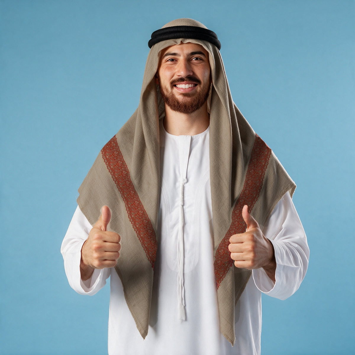 Man wearing the Fukhar Kashmiri pashmina ghutra in mushroom greige with a black agal and white thobe, vermilion red sozni border on each front end
