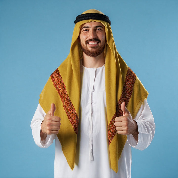 Another man wearing the Kurkum Kashmiri pashmina ghutra in mustard yellow with a black agal and white thobe, deep burgundy and green sozni border on each front end