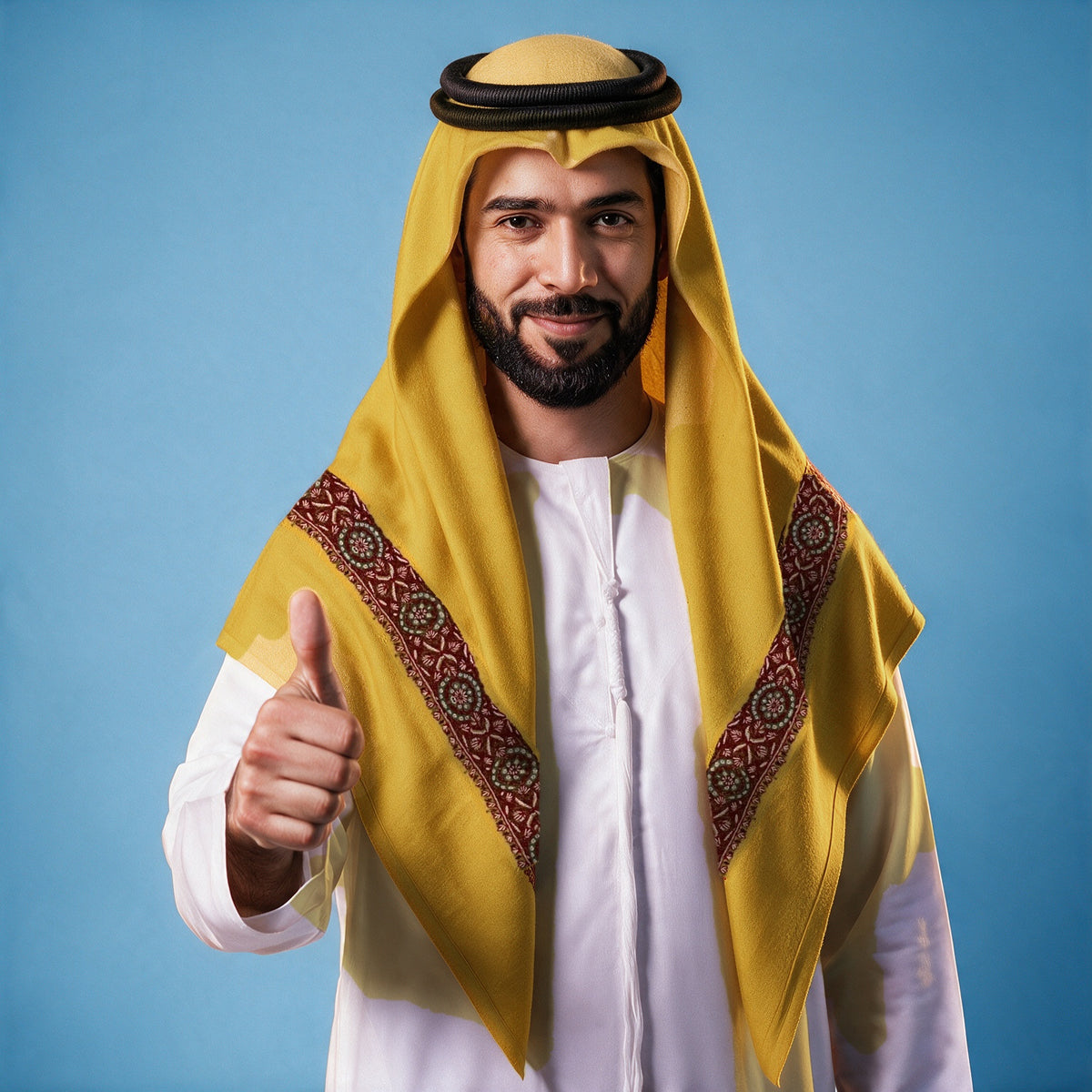 Man wearing the Kurkum Kashmiri pashmina ghutra in mustard yellow with a black agal and white thobe, deep burgundy and green sozni border on each front end